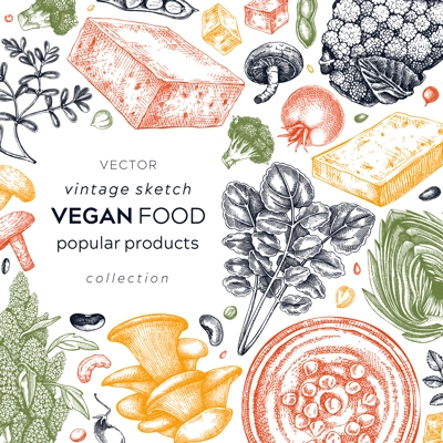 Vegan food sketched card. Healthy food banner template. Middle eastern cuisine frame. Hand-drawn vegan meals and ingredients for menu, recipe, and packaging design. Vegan food sketches in color